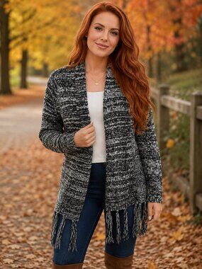 SWS Knitwear Fringe Cardigan Sweater Women's Medium Black White Boho Open Front